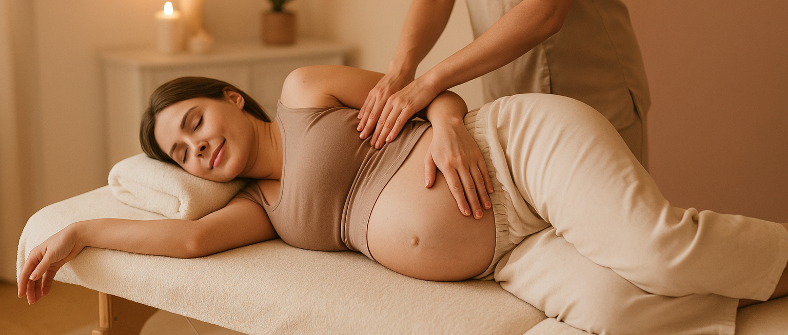 Femme enceinte allongée sur le côté, recevant un massage relaxant dans un espace doux et tamisé.