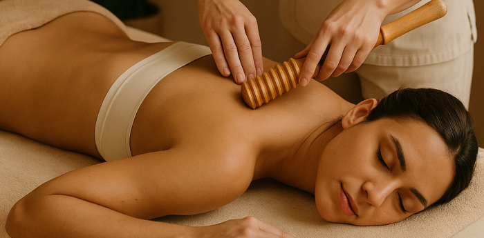 Soin combiné : drainage lymphatique et madérothérapie en cabinet bien-être Thérapeute utilisant un outil en bois pour une séance de madérothérapie sur la cuisse d’une femme allongée, dans une ambiance douce et chaleureuse