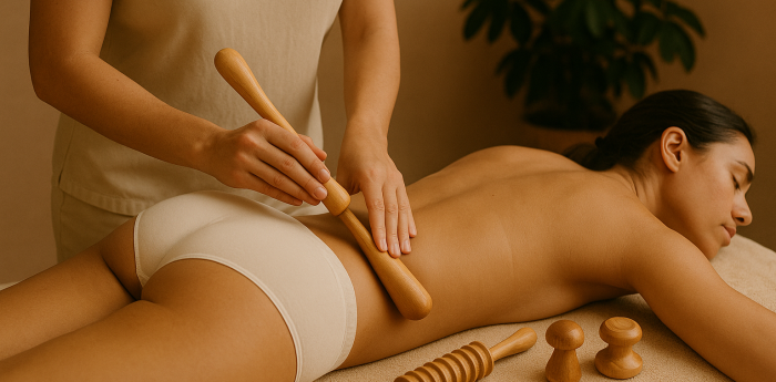 Drainage lymphatique manuel et massage remodelant par madérothérapie Vue latérale d’une praticienne appliquant un drainage lymphatique avec des outils en bois sur une patiente allongée dans un cabinet lumineux et naturel