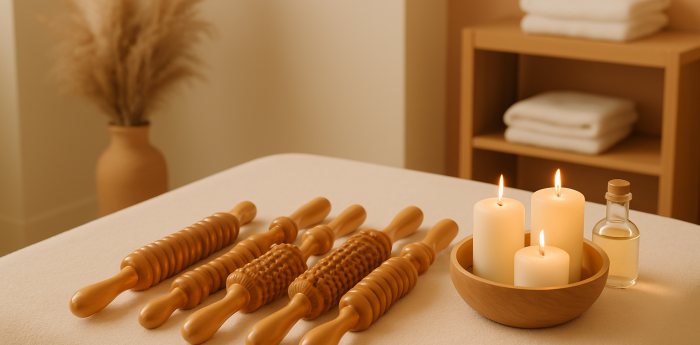 maderothérapie Diffèrent outil de madérothérapie disposer sur une table a coté de bougie et d'une bouteille d'huile de massage